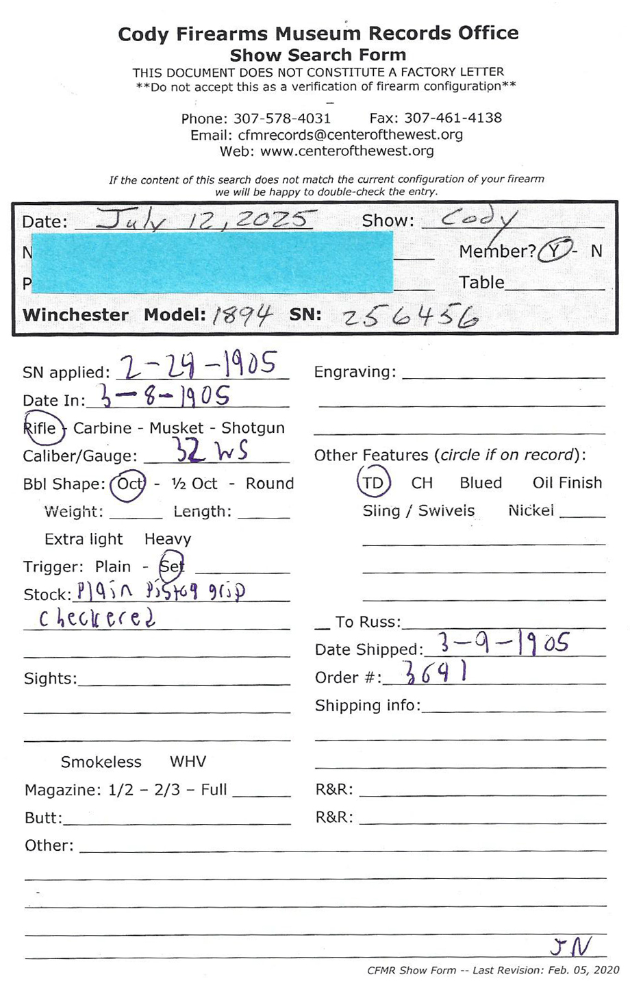 Winchester 1894 256456 Letter